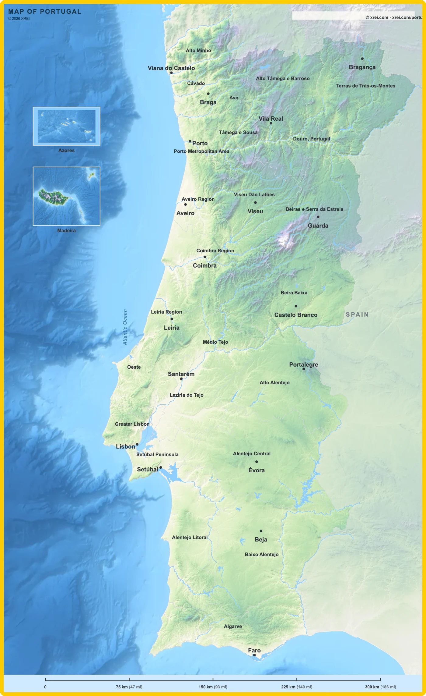 Portugal topographic map showing mainland Portugal and the islands of the Azores and Madeira.
