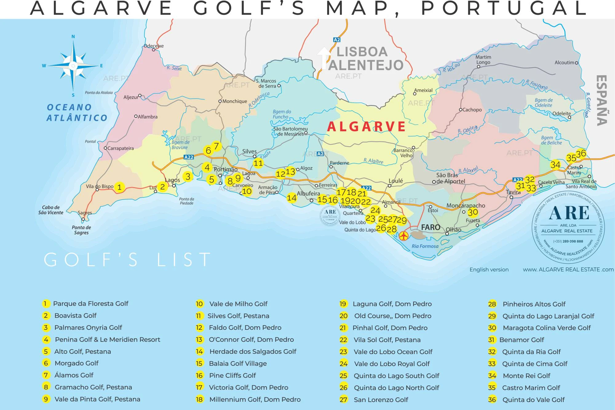 Karte der Golfplätze an der Algarve, Portugal
