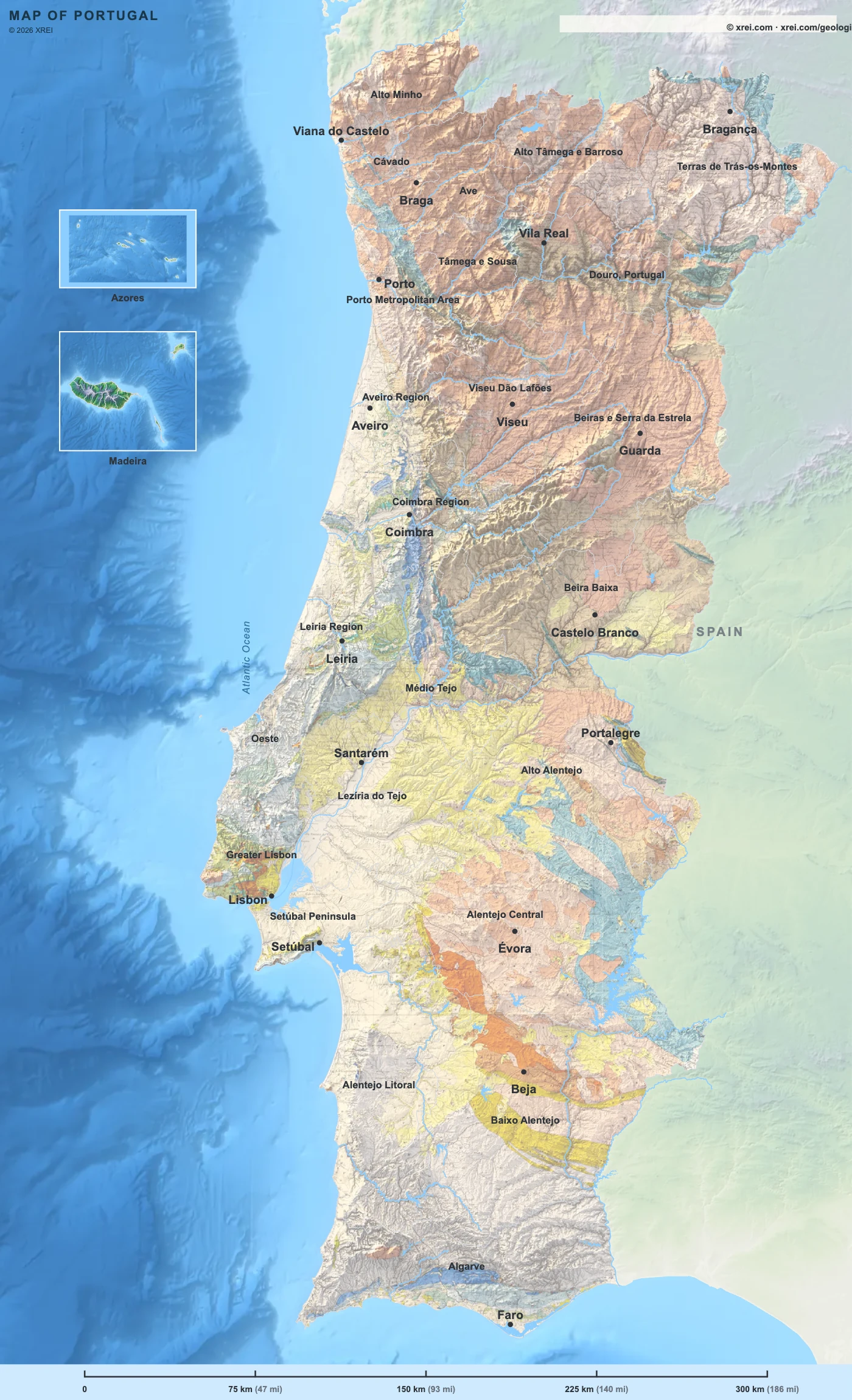 Geological map of mainland Portugal showing the distribution of geological formations and rock types.