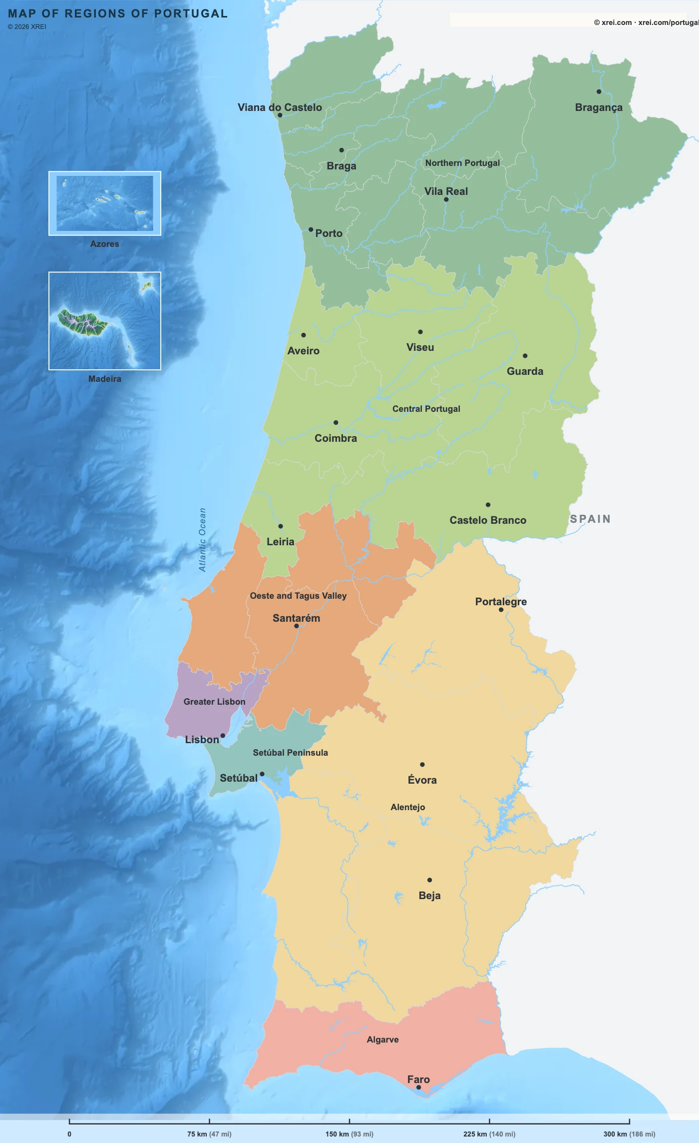 Kart over Portugal som viser landets regioner, inkludert det portugisiske fastlandet, Azorene og Madeira.